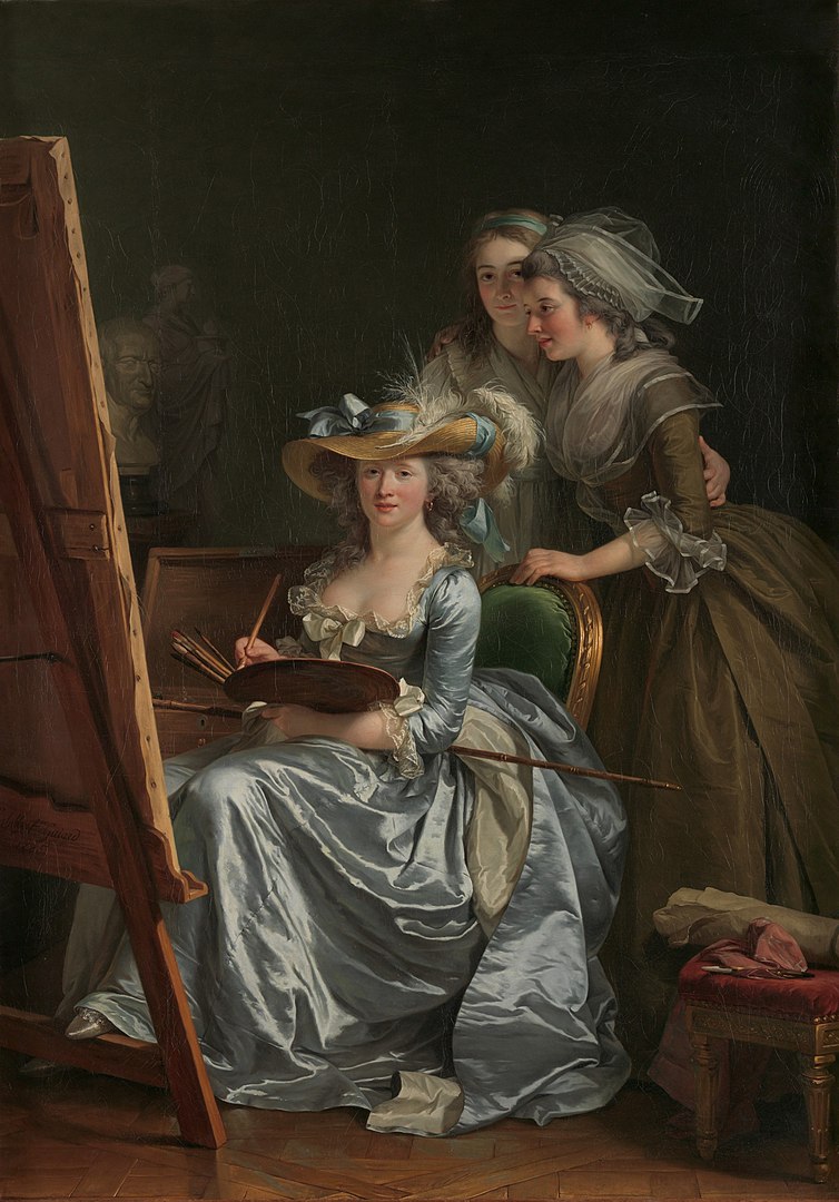 Self-Portrait with Two Pupils by Adélaïde Labille-Guiard, 1785, oil on canvas. The painting features the artist alongside her students, Marie Gabrielle Capet and Marie Marguerite Carreaux de Rosemond, in a studio setting.