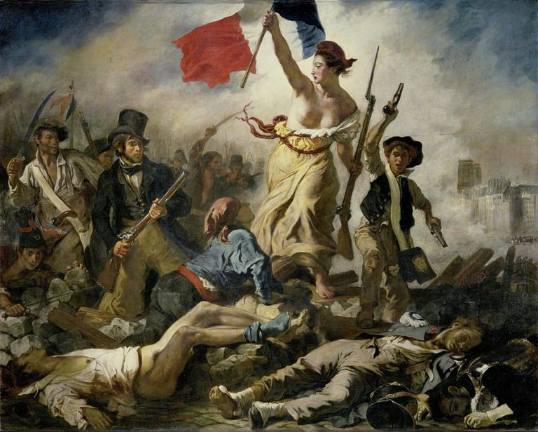 Liberty Leading the People by Eugène Delacroix, oil on canvas, 1830, depicting the allegorical figure of Liberty leading the French people forward over the bodies of the fallen, holding the tricolor flag of the French Revolution.