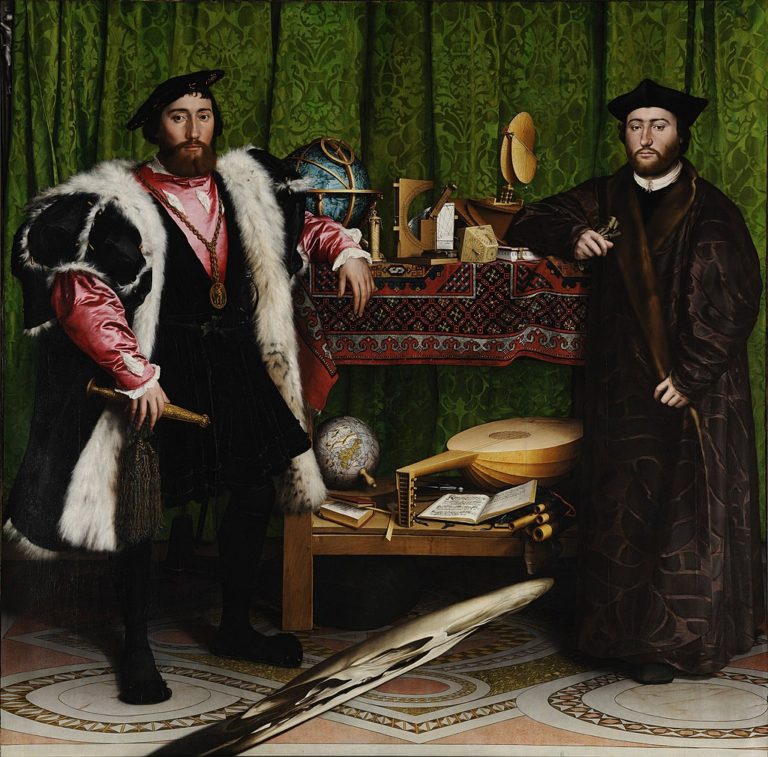 "The Ambassadors" by Hans Holbein the Younger, 1533, oil on oak panel. The painting features Jean de Dinteville, French Ambassador to England, and Georges de Selve, Bishop of Lavaur, with a famous anamorphic skull in the foreground.