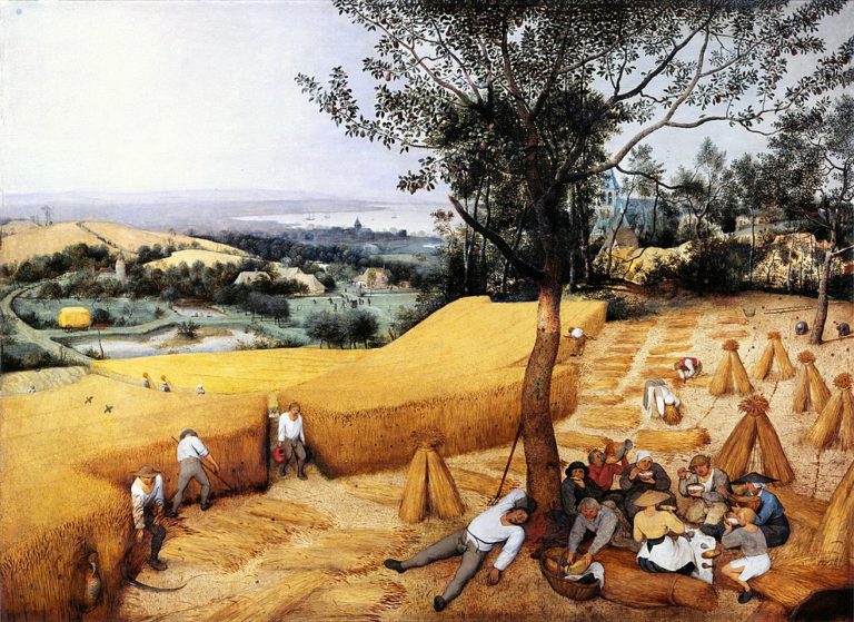 "The Harvesters" by Pieter Brueghel the Elder, 1565, oil on panel. The painting depicts peasants harvesting wheat in a rural landscape, showcasing everyday life in 16th-century Flanders.